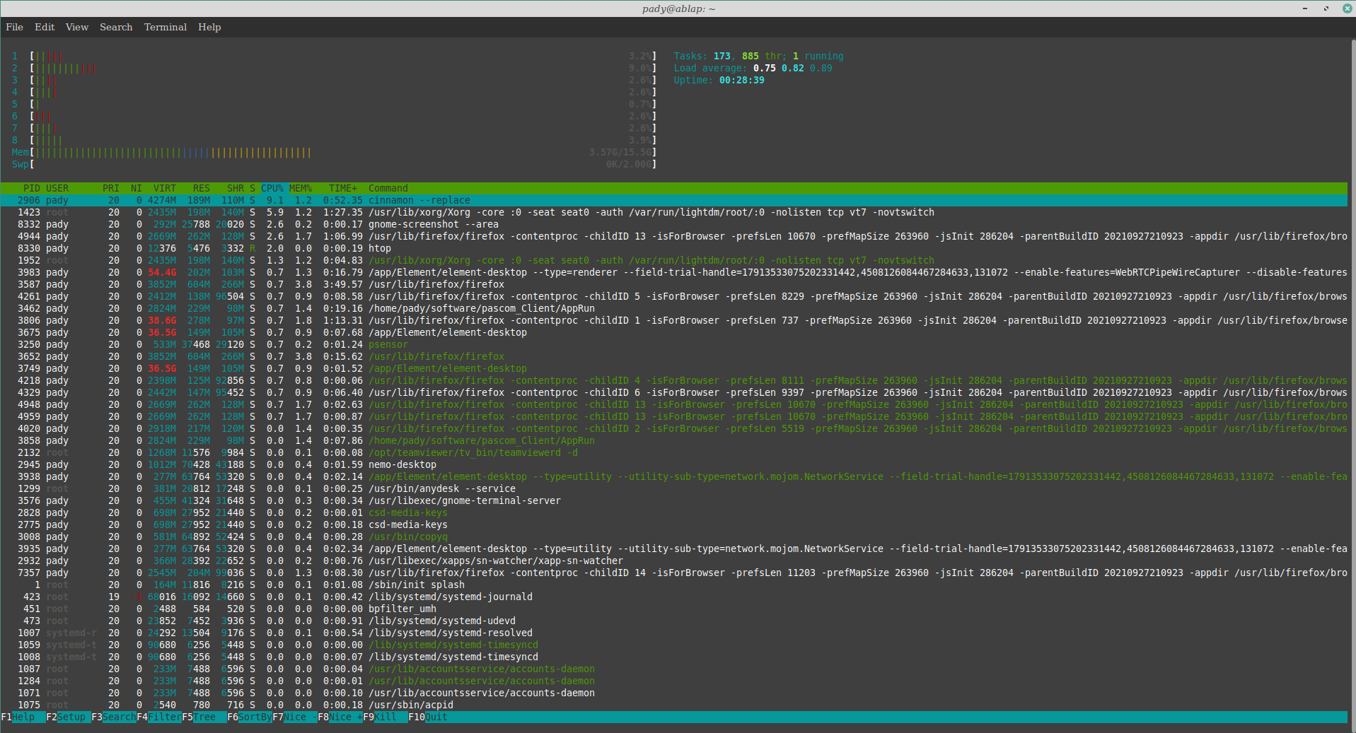 Htop zeigt die aktuelle CPU-Last als Balkendiagramm und nutzt Farben, um verschiedene Prozess-Zustände hervorzuheben.