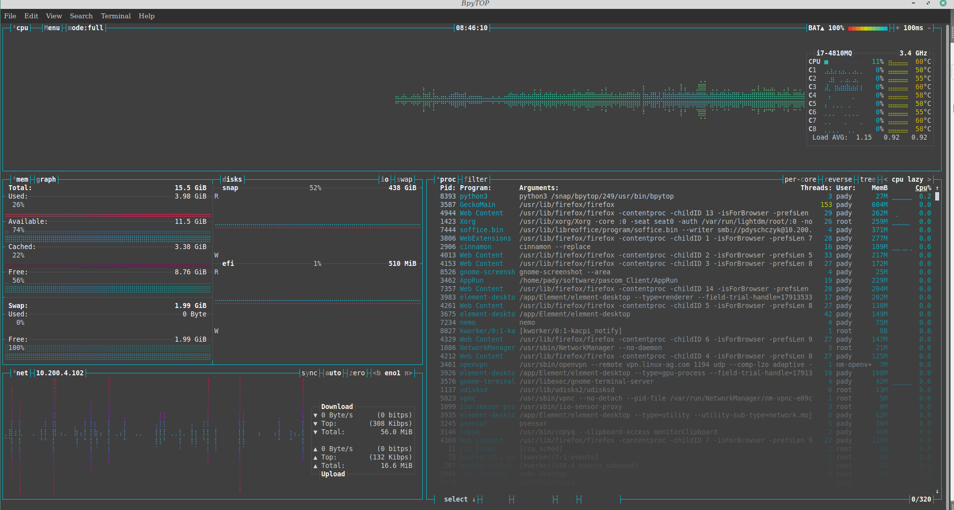 Bpytop ist weit mehr als ein Prozessmonitor: Es zeigt Graphen von CPU-Last und Netzverkehr, Informationen zu den Festplatten und sehr viele weitere Systemdaten.